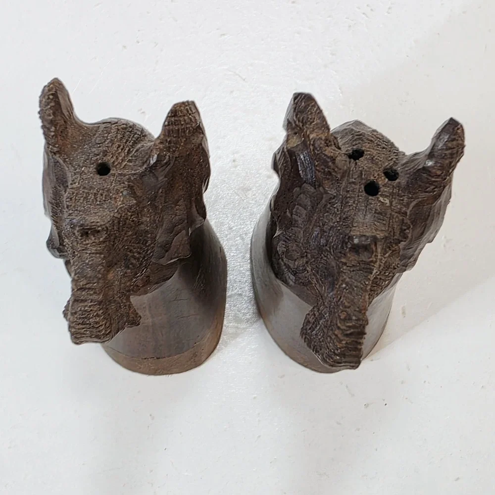 Vintage Wooden Hand Carved Wood Elephant Salt And Pepper Shakers 2.75 inch